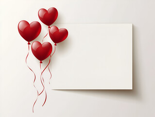 Sticker - Red Heart Balloons with Blank Note:  Four glossy red heart-shaped balloons float gracefully, their ribbons cascading down beside a pristine blank white card, perfect for your message.