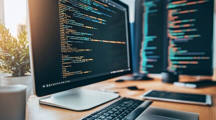 Coding on multiple screens with a laptop, keyboard, and phone on a desk setup