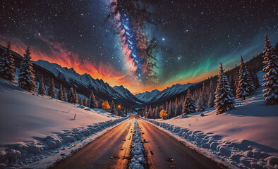 Poster - A road with a beautiful view of mountains and a sky full of stars. The sky is filled with a beautiful aurora