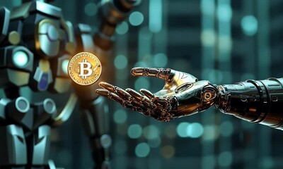 Fototapete - Robotic hand holding Bitcoin, futuristic city backdrop