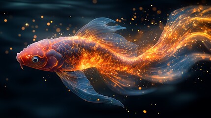 Wall Mural - Fiery Koi Fish Swimming in Dark Water