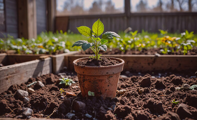 Poster - A small plant is growing in a pot on the ground. The plant is surrounded by dirt and rocks