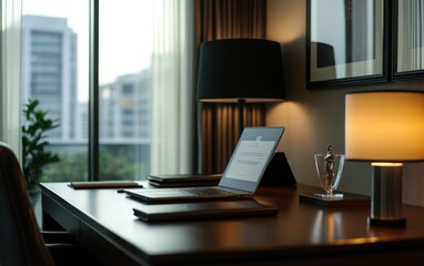 Wall Mural - Minimalist executive office with a dark wood desk, equipped with a high-end laptop, a glass paperweight, and a contemporary lamp. 