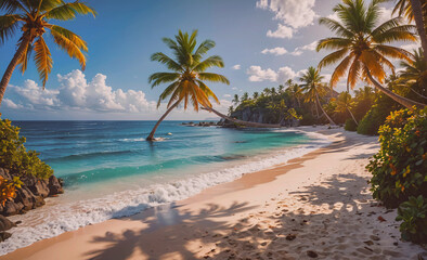 Fototapete - A beautiful beach with palm trees and a clear blue ocean. The beach is empty and the sun is shining brightly
