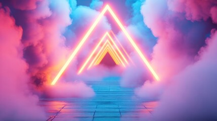 Poster - Neon triangles illuminating a pathway through colorful clouds of smoke on a tiled floor.