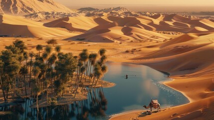 Sticker - Oasis in the Desert landscape, serene scene with palm trees, a calm lake, and a camel.