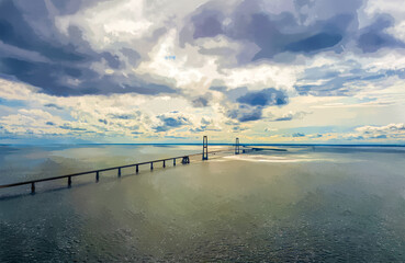 Wall Mural - Korser, Denmark. Watercolor illustration. Great Belt Road Bridge. Panorama in summer. Cloudy weather. Aerial view