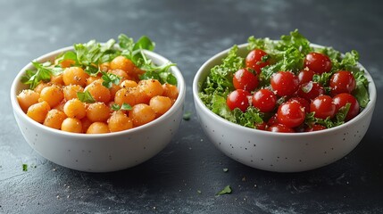 Wall Mural - Freshly prepared bowls of melon balls and cherry tomatoes with herbs on a dark textured background