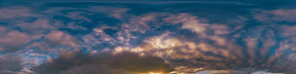Wall Mural - sunset sky with bright glowing pink cumulus clouds. seamless spherical hdr 360 panorama. full zenith