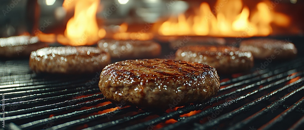 Grilling juicy burger patties over hot flames on a metal grill with a ...