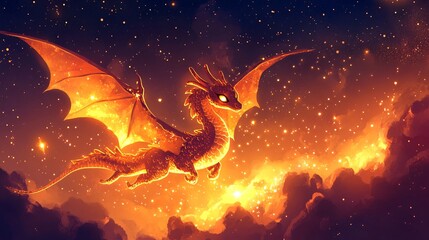 A vector illustration of a whimsical star dragon with glowing eyes, flying through a celestial dreamscape.