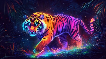 Wall Mural - A vector illustration of a glowing rainbow tiger with vibrant stripes, running through a glowing jungle.