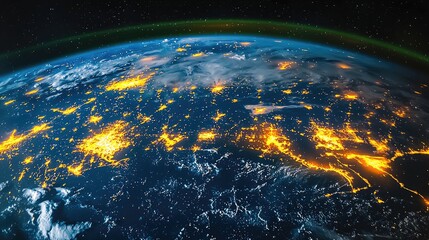 Wall Mural - the entire earth viewed from space, globe, thousands of tiny bright orange nuclear explosions, tiny 