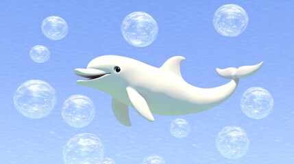 Poster - Playful white dolphin in the sky surrounded by bubbles.