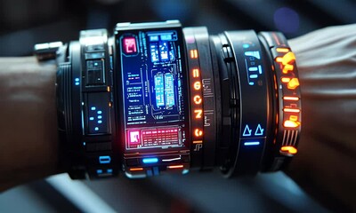 Fototapete - Futuristic wrist device, glowing interface, close-up, tech background, sci-fi concept