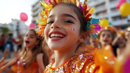 Argentina Carnival Young hispanic girls celebrating at colorful street festival