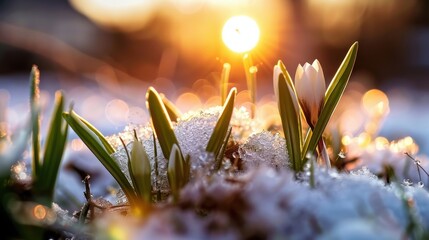 Imbolc. Spring crocus blooming through melting snow at sunrise