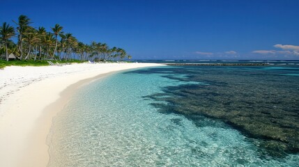 Poster - Pristine white sand beach meeting turquoise shallow water, palm trees line the shore.