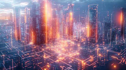Poster - A modern of architectural blueprints, futuristic design elements, and cybersecurity motifs. with holographic 3D models of buildings and digital code streams, interwoven with glowing geometric shapes.