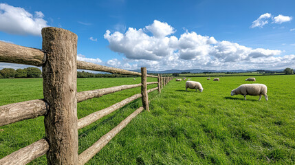 Wall Mural - tranquil scene of sheep grazing near rustic wooden fence in lush field