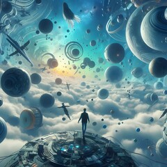 Wall Mural - a surreal dreamscape in virtual reality where gravity fluctuates, and objects float or fall at rando