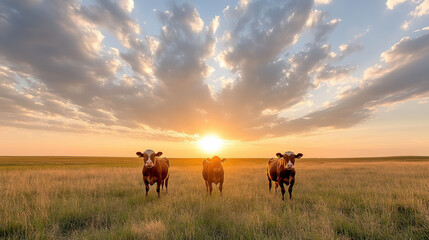 Wall Mural - Cattle silhouetted against dramatic sunset sky in grassy field