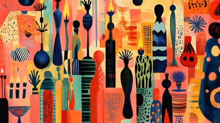 Wall Mural - A vibrant abstract artwork featuring colorful shapes resembling vases and plants.