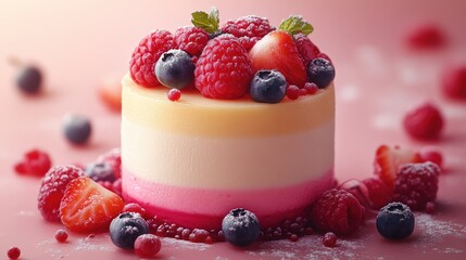 Sticker - A beautifully layered dessert topped with fresh berries, set against a soft pink background