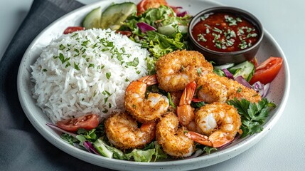 Poster - Fried shrimp breaded with coconut, sweet sauce, salad and rice.