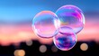 © Qolbi - Iridescent Bubbles Floating Against a Vibrant Sunset Cityscape