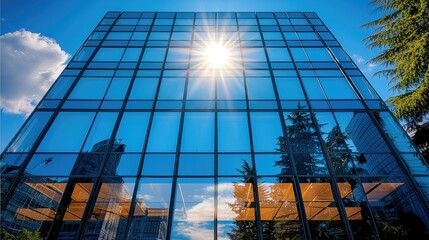 Aufkleber - A sleek, modern glass building with large windows reflecting the surrounding greenery and blue sky.