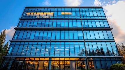 Aufkleber - A sleek, modern glass building with large windows reflecting the surrounding greenery and blue sky.