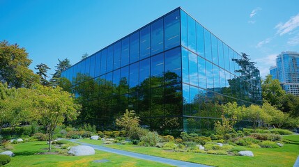 Aufkleber - A sleek, modern glass building with large windows reflecting the surrounding greenery and blue sky.