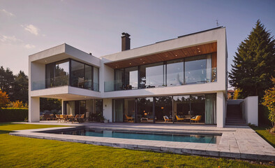 Poster - A large white house with a pool and a large glass window. The house is surrounded by trees and has a very modern and luxurious feel