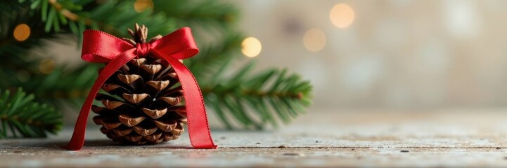 Wall Mural - A decorated pine cone as a unique gift ornament, evergreen, red ribbon, decoration