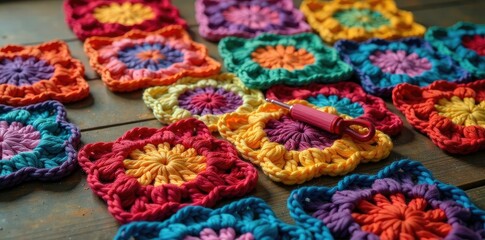 Wall Mural - Colorful granny square mosaic on a wooden table, colorful blocks, handmade