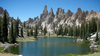 Sticker - Serene alpine lake nestled amongst towering rocky peaks, surrounded by lush evergreen forest, a picturesque mountain landscape under a clear blue sky.