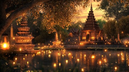 Poster - Serene evening scene of ancient temples by a tranquil lake, illuminated by floating candles and warm golden light.