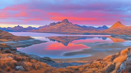 Sticker - Serene lake reflecting vibrant sunrise over rugged mountain peaks.