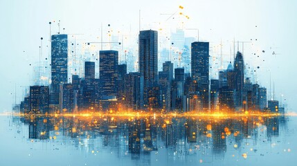 Wall Mural - Futuristic city skyline with glowing lights reflecting on water, showcasing urban innovation