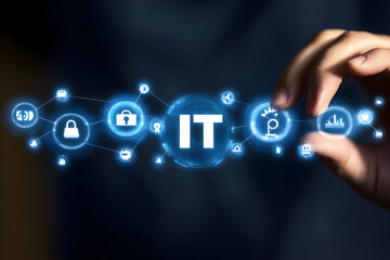 Hand interacting with a futuristic IT network interface, showcasing digital technology, security, and data analysis.