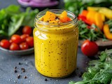 Yellow dressing in jar with pepper and orange bell pepper slices on a dark background