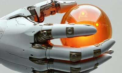 Poster - Robotic hand holding glowing orb, future tech