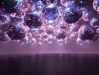 Wall Mural - Group of disco balls hanging from the ceiling in a large room, glittering light fixtures, shimmering effects, glow-in-the-dark decorations.