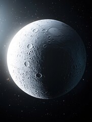 Wall Mural - detailed lunar surface with craters and bright light against a starry dark space background