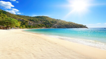 Poster - Sunny beach scene with turquoise water and lush mountains.