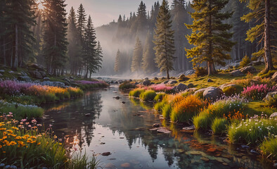 Poster - A beautiful, serene forest scene with a river running through it. The water is calm and the trees are lush and green. The flowers along the riverbank add a pop of color to the scene, creating a