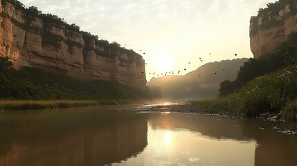 Wall Mural - Sunrise over a tranquil river flowing through a canyon.