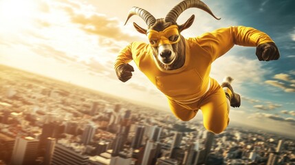 Wall Mural - Superhero ram flying over cityscape.