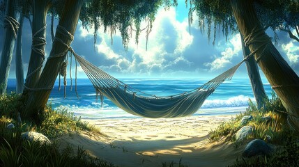 Poster - Tranquil hammock on a beach at the edge of a forest.